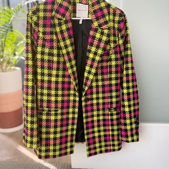 Avec Les Filles pink and yellow/green plaid blazer jacket - Picture 5 of 7